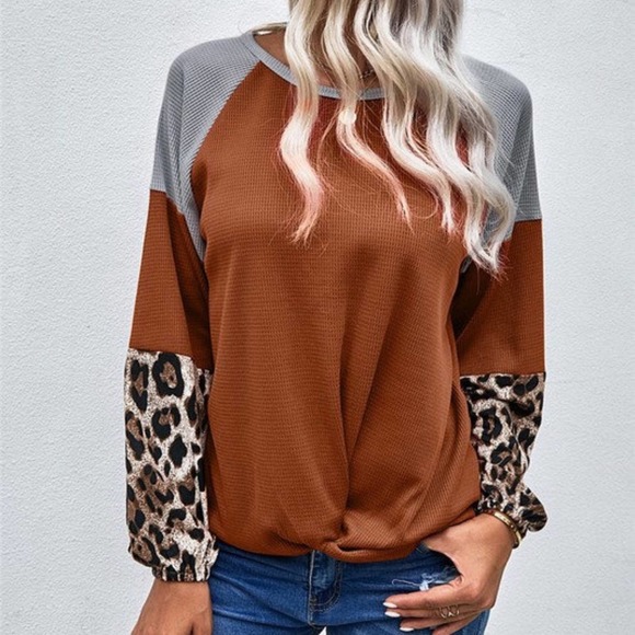 Leopard Color Block Long Balloon Sleeve Waffle Knit Knot Front Women's Top S - Picture 8 of 9
